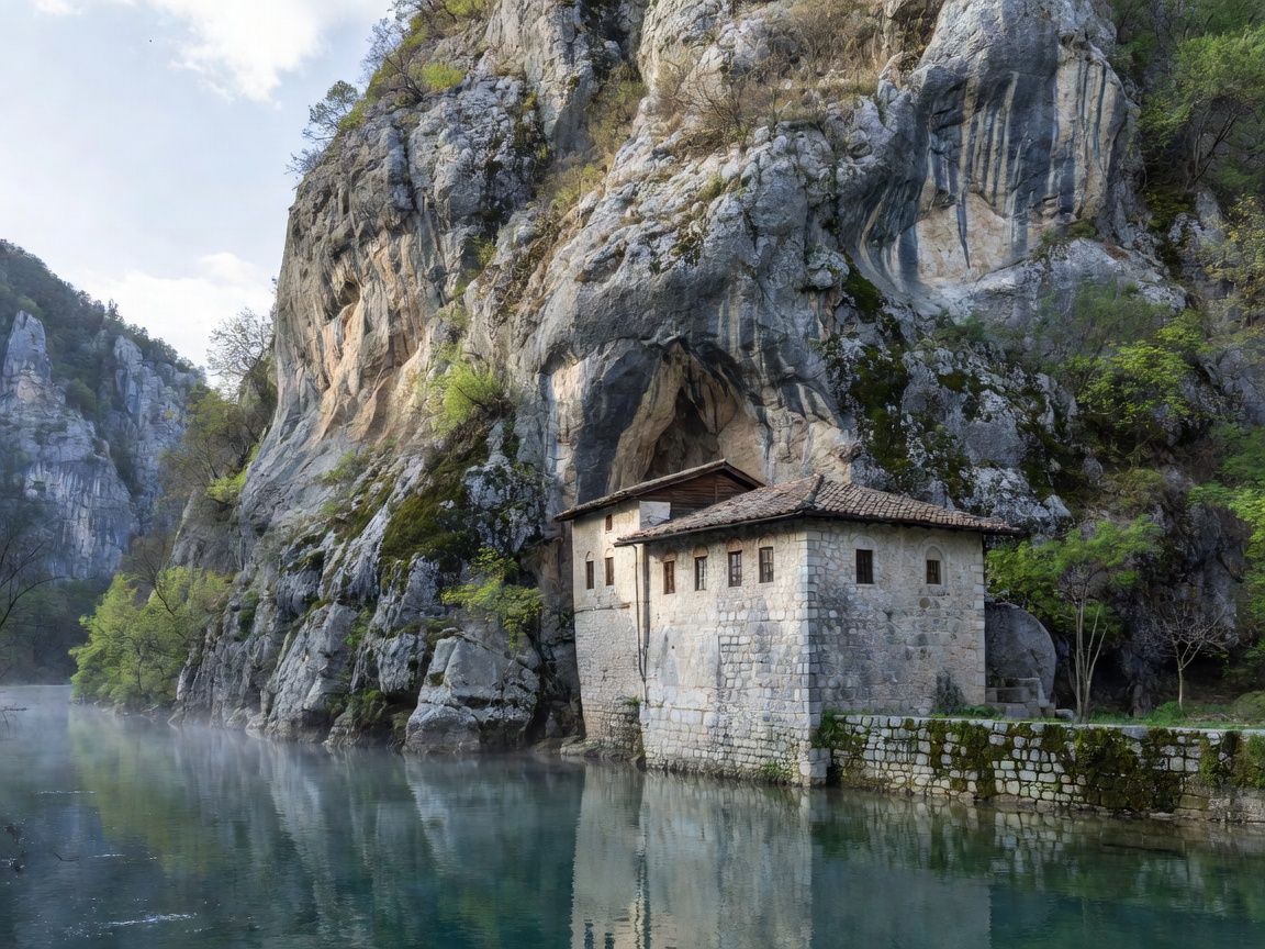 Historic Blagaj Tekke Dervish Monastery at the base of a towering limestone cliff in Bosnia