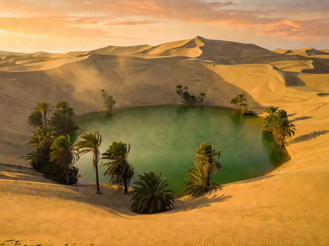 Huacachina natural desert oasis surrounded by massive golden sand dunes in Peru
