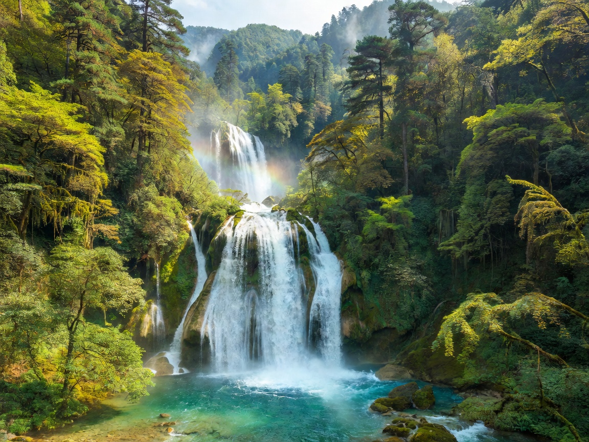 Multi-tiered crystal clear turquoise lake and surrounding virgin forest in Jiuzhaigou China