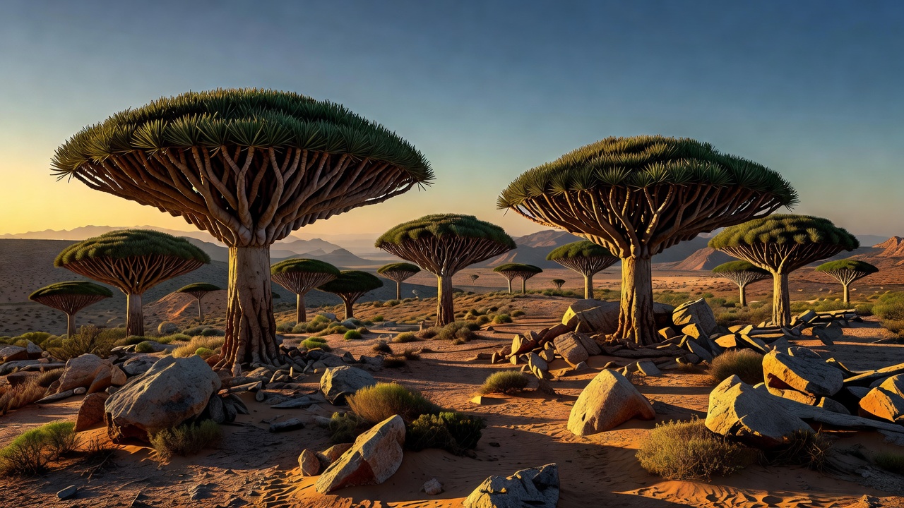Landscape of Socotra Island Yemen with dragon trees