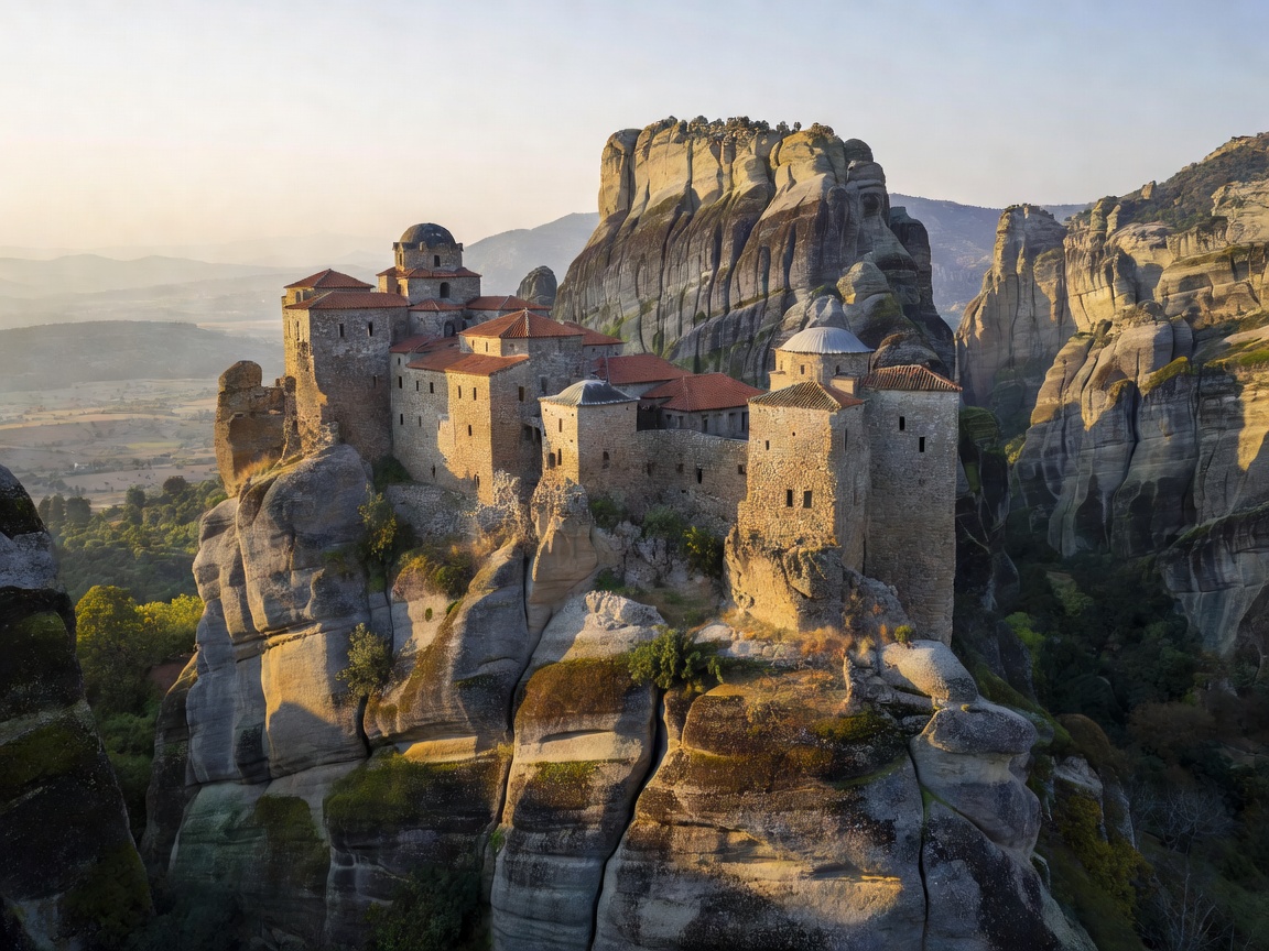 Eastern Orthodox Monastery perching on steep sandstone rock pillars in Meteora Greece