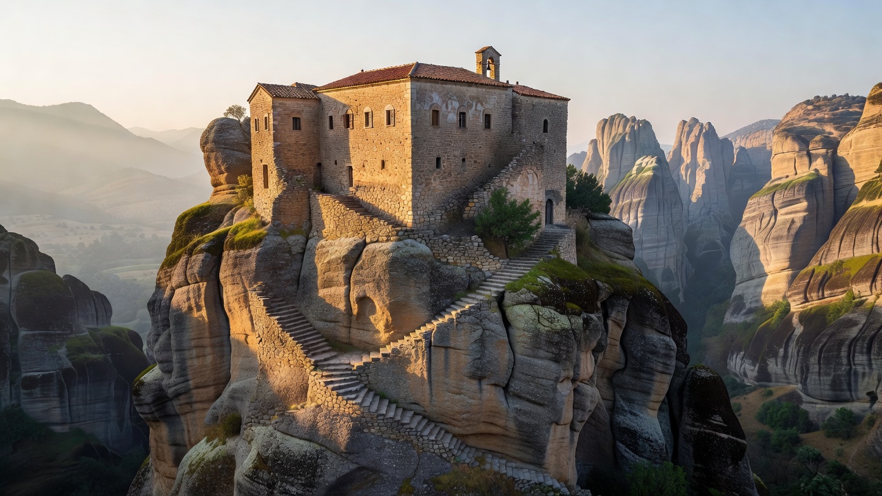 Monastery perched atop rock pillar in Meteora Greece