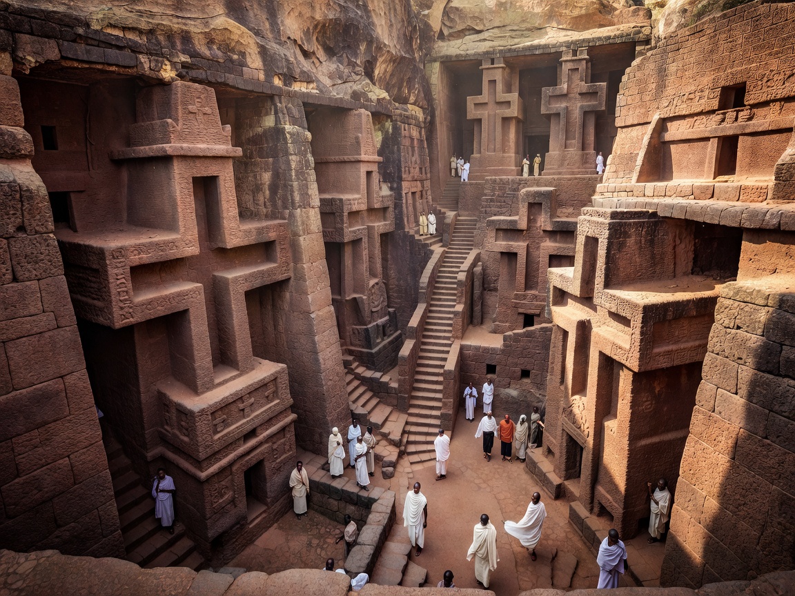 Rock churches of Lalibela in Ethiopia carved vertically into mountain stone
