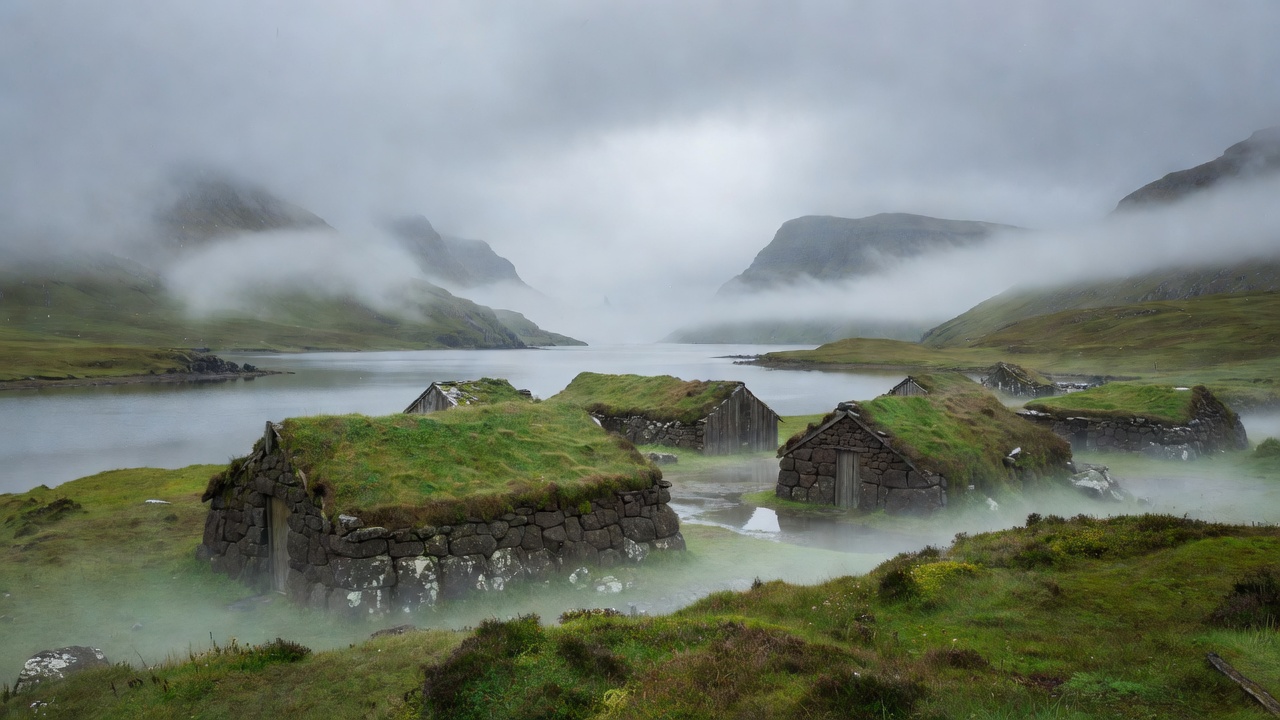 Saksun turf houses and foggy lagoon in Faroe Islands