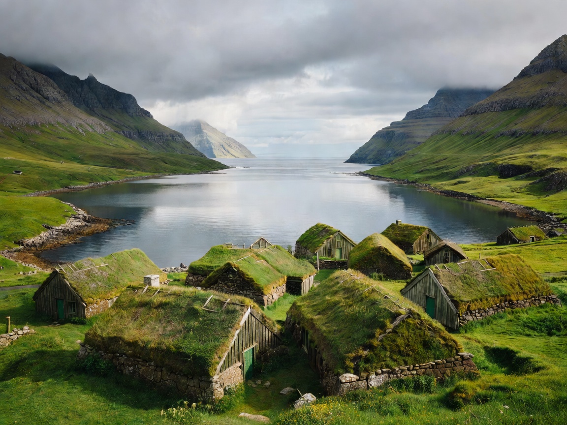 Grassy green turf-roofed houses beside a sea lagoon at Saksun Faroe Islands