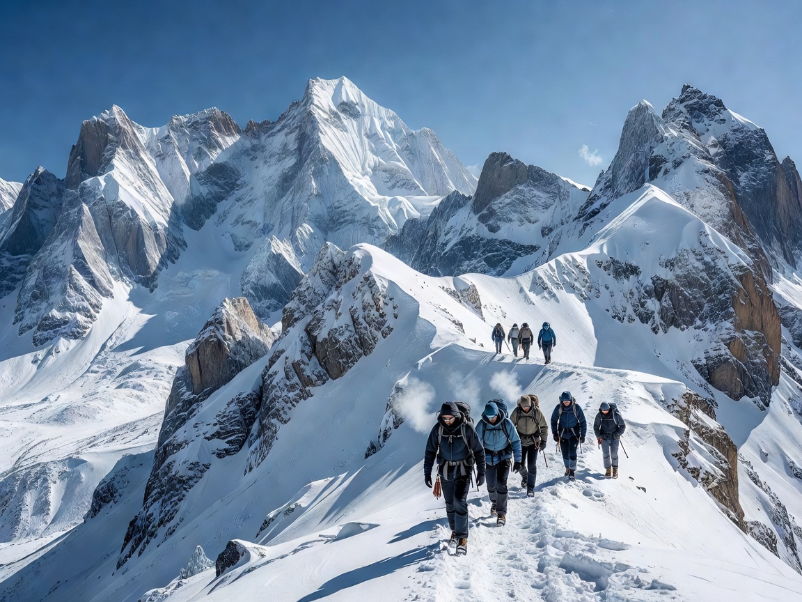 Snow covered rugged mountain peaks during high altitude trek