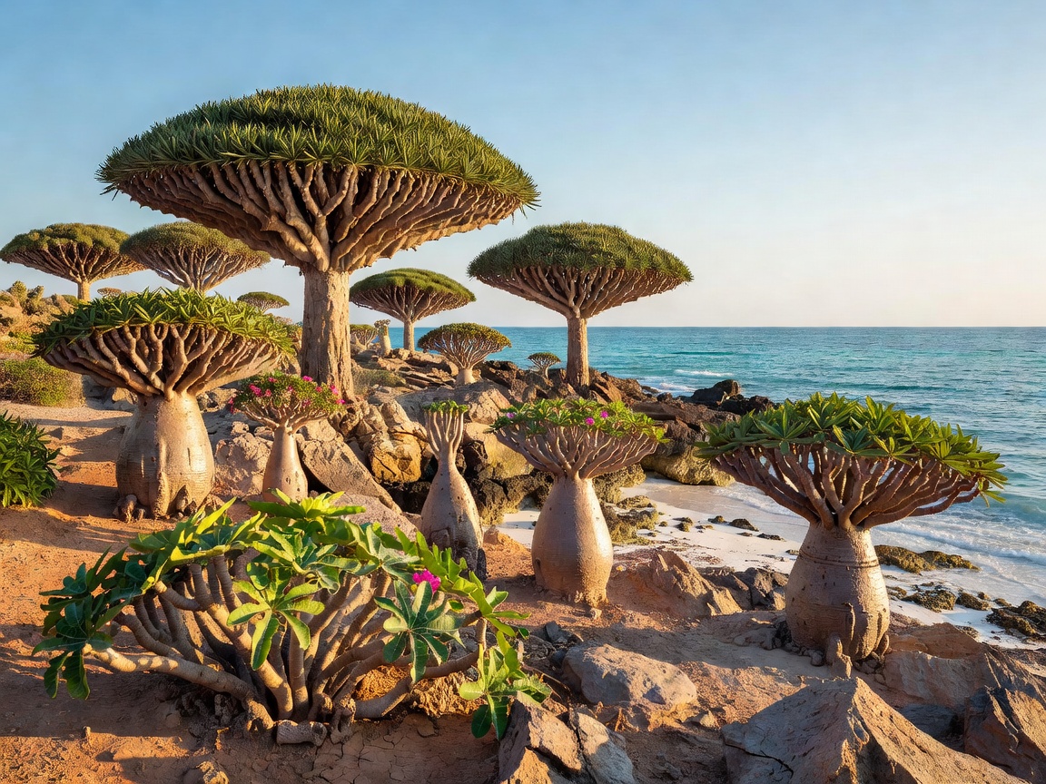 Alien dragon blood trees on Socotra Island coastline yemen