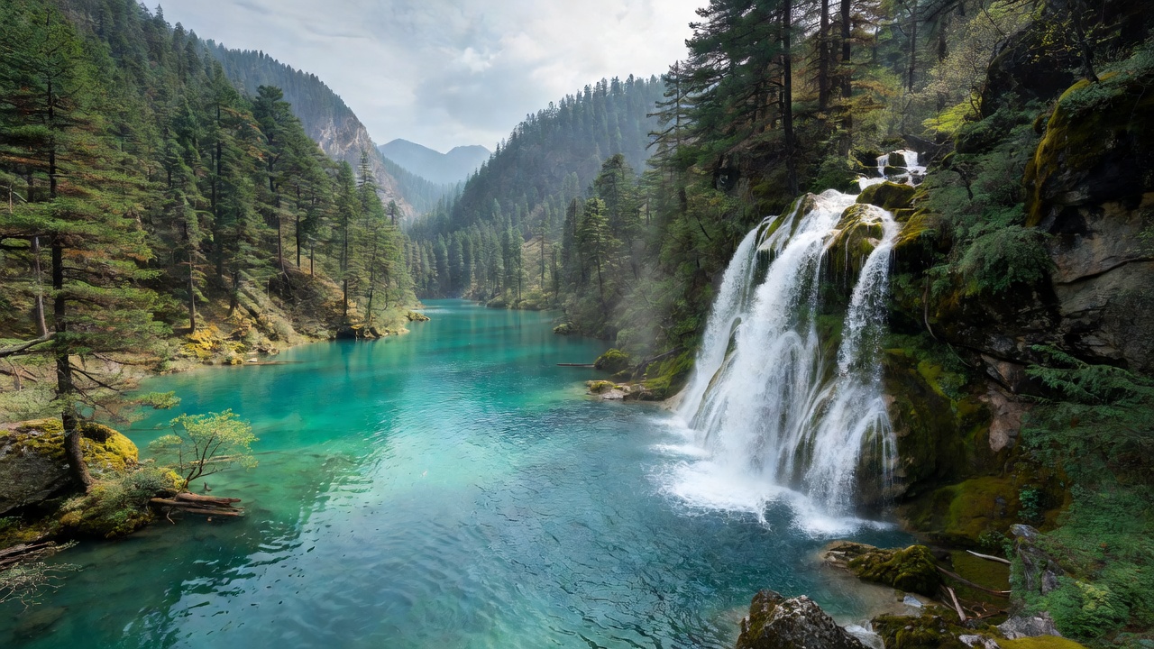 Turquoise alpine lake and cascade at Jiuzhaigou China